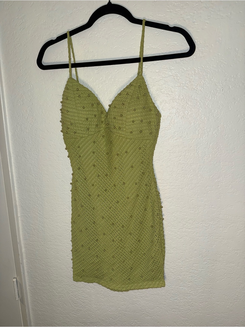 privy Olive Green Beaded Spaghetti Strap Mini Dress